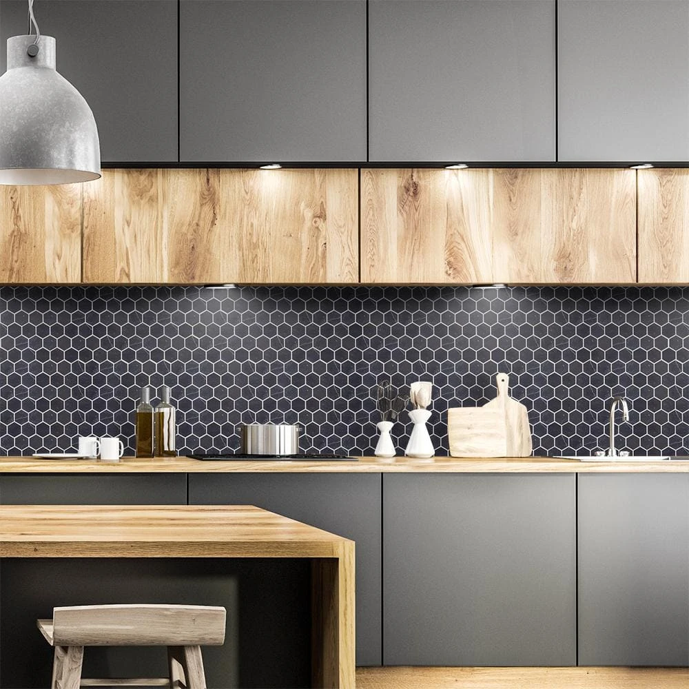 Midnight Hex Black 10.875 in. x 9.5 in. Honed Marble Wall and Floor Mosaic Tile (0.717 sq. ft./Each) by Jeffrey Court 4 Midnight Hex Black 10.875 in. x 9.5 in. Honed Marble Wall and Floor Mosaic Tile (0.717 sq. ft./Each) by Jeffrey Court - Image 2