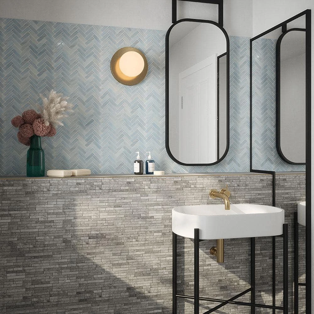 Orbit Herringbone Blue 9.625 in. x 12.125 in. Herringbone Gloss Glass Mosaic Wall Tile (16.20 sq. ft./Case) by Jeffrey Court 6 Orbit Herringbone Blue 9.625 in. x 12.125 in. Herringbone Gloss Glass Mosaic Wall Tile (16.20 sq. ft./Case) by Jeffrey Court - Image 4