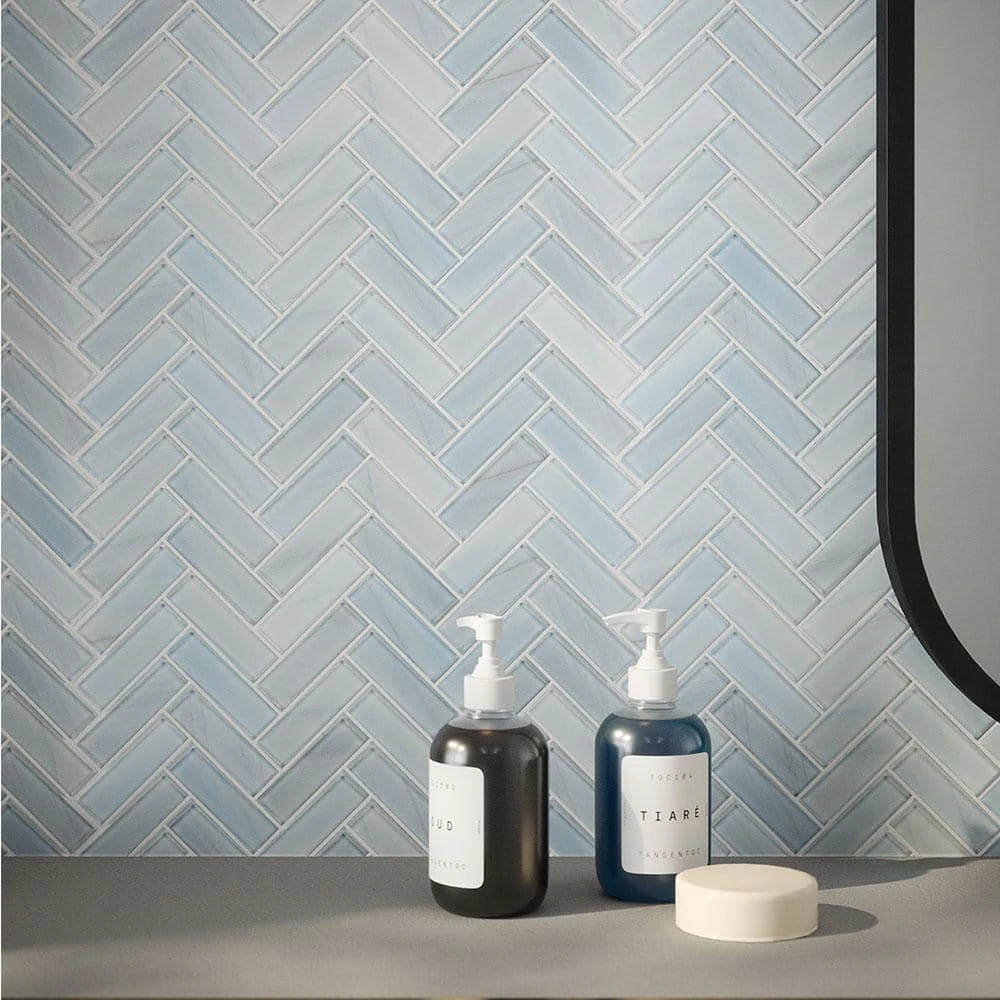 Orbit Herringbone Blue 9.625 in. x 12.125 in. Herringbone Gloss Glass Mosaic Wall Tile (16.20 sq. ft./Case) by Jeffrey Court 4 Orbit Herringbone Blue 9.625 in. x 12.125 in. Herringbone Gloss Glass Mosaic Wall Tile (16.20 sq. ft./Case) by Jeffrey Court - Image 2
