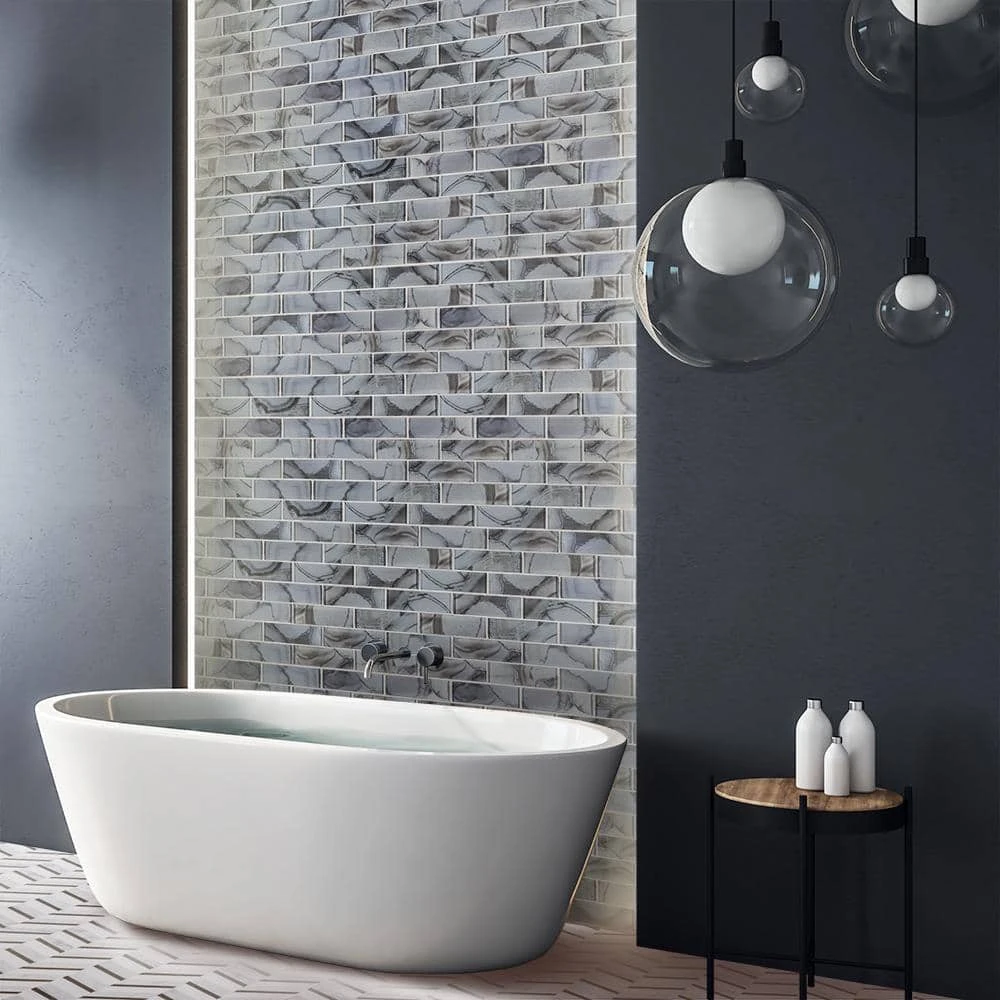 Geode Brick Gray 11.625 in. x 11.25 in. Interlocking Glossy Glass Mosaic Tile (0.908 sq. ft./Each) by Jeffrey Court 4 Geode Brick Gray 11.625 in. x 11.25 in. Interlocking Glossy Glass Mosaic Tile (0.908 sq. ft./Each) by Jeffrey Court - Image 2