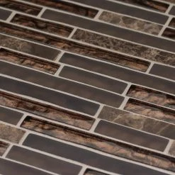 Walnut Foil Emperador Pencil 10.75 in. x 11 in. x 8mm Interlocking Textured Glass Marble Mosaic Tile (8.21 sq. ft./Case) by Jeffrey Court -Ivy Hill Tile Sales walnut brown jeffrey court glass tile 99601 1d 1000