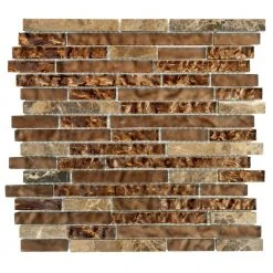 Walnut Foil Emperador Pencil 10.75 in. x 11 in. x 8mm Interlocking Textured Glass Marble Mosaic Tile (8.21 sq. ft./Case) by Jeffrey Court