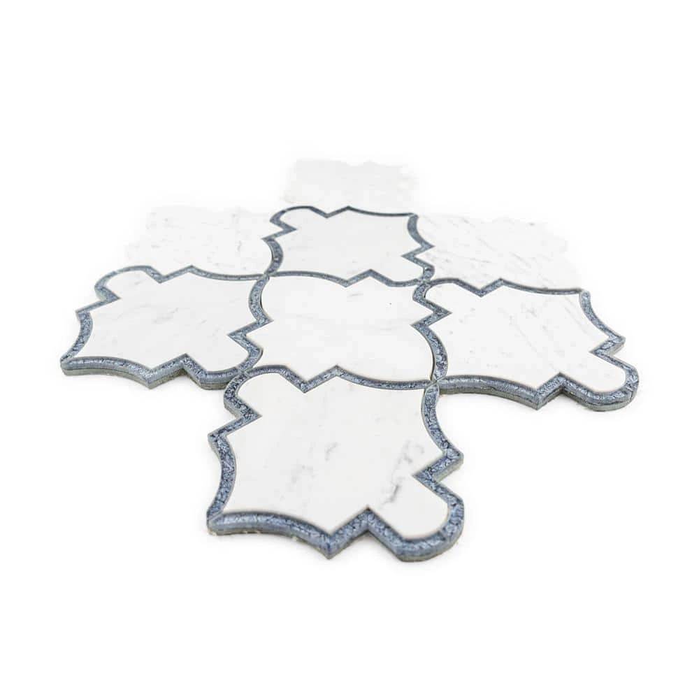 Medieval White/Grey 12.125 in. x 13 in. Arabesque Honed Carrara Marble/Gloss Blue Glass Mosaic Tile (10.946 sq.ft./Case) by Jeffrey Court 5 Medieval White/Grey 12.125 in. x 13 in. Arabesque Honed Carrara Marble/Gloss Blue Glass Mosaic Tile (10.946 sq.ft./Case) by Jeffrey Court - Image 3