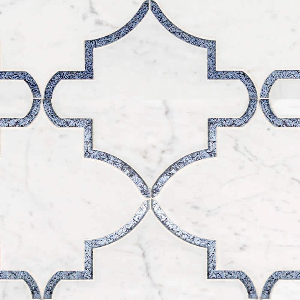 Medieval White/Grey 12.125 in. x 13 in. Arabesque Honed Carrara Marble/Gloss Blue Glass Mosaic Tile (10.946 sq.ft./Case) by Jeffrey Court 6 Medieval White/Grey 12.125 in. x 13 in. Arabesque Honed Carrara Marble/Gloss Blue Glass Mosaic Tile (10.946 sq.ft./Case) by Jeffrey Court - Image 4