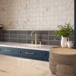 Jazzy White/Gold 11.75 in. x 11.75 in. Square Honed Calacatta Marble/Gold Metal Mosaic Tile (9.588 sq. ft./Case) by Jeffrey Court -Ivy Hill Tile Sales white jeffrey court marble tile 13031 c3 1000