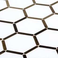 Karats White 10.625 in. x 11.125 in. Hexagon Polished Marble/Gold Metal Floor and Wall Mosaic Tile (0.820 sq. ft./Each) by Jeffrey Court 10 Karats White 10.625 in. x 11.125 in. Hexagon Polished Marble/Gold Metal Floor and Wall Mosaic Tile (0.820 sq. ft./Each) by Jeffrey Court -Ivy Hill Tile Sales white jeffrey court marble tile 97937 a0 1000